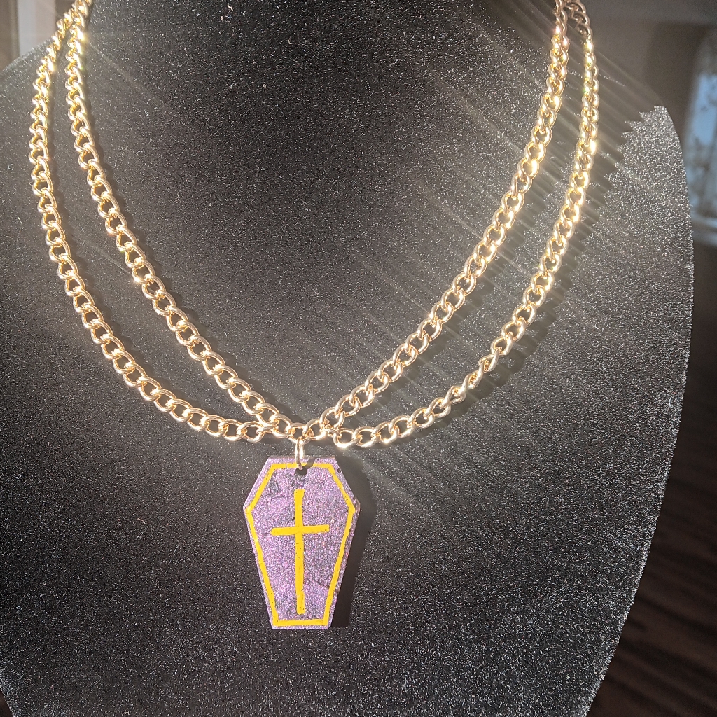 Gold Double Chain Necklace With Purple Coffin Pendant